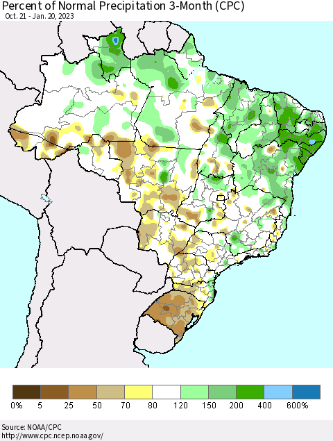Brazil Percent of Normal Precipitation 3-Month (CPC) Thematic Map For 10/21/2022 - 1/20/2023