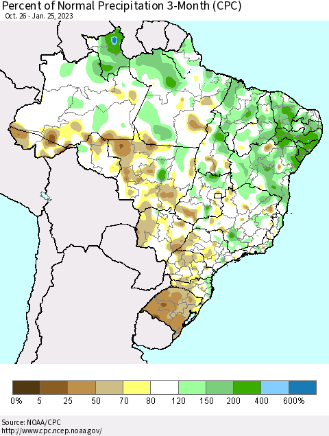 Brazil Percent of Normal Precipitation 3-Month (CPC) Thematic Map For 10/26/2022 - 1/25/2023