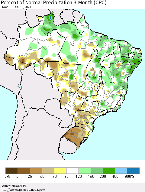 Brazil Percent of Normal Precipitation 3-Month (CPC) Thematic Map For 11/1/2022 - 1/31/2023