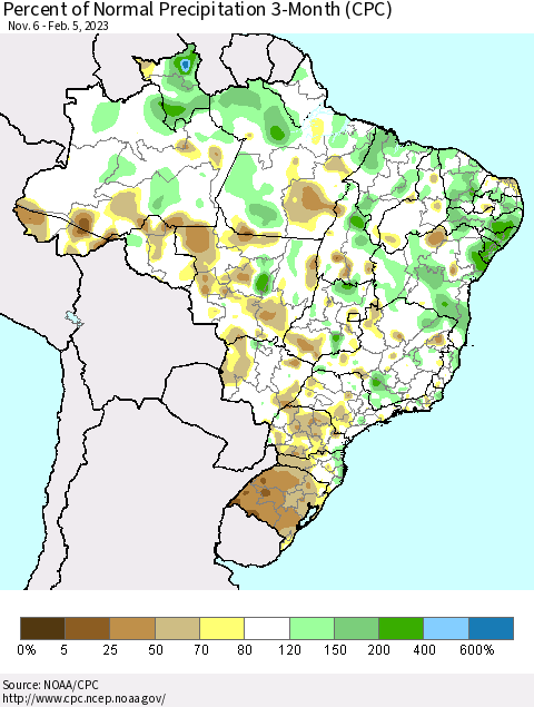 Brazil Percent of Normal Precipitation 3-Month (CPC) Thematic Map For 11/6/2022 - 2/5/2023
