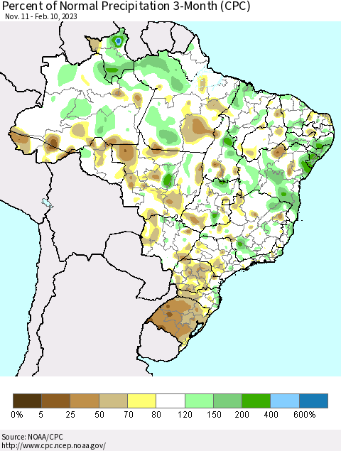 Brazil Percent of Normal Precipitation 3-Month (CPC) Thematic Map For 11/11/2022 - 2/10/2023