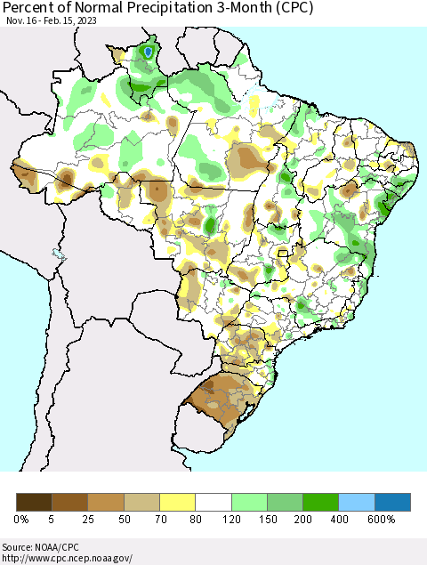 Brazil Percent of Normal Precipitation 3-Month (CPC) Thematic Map For 11/16/2022 - 2/15/2023