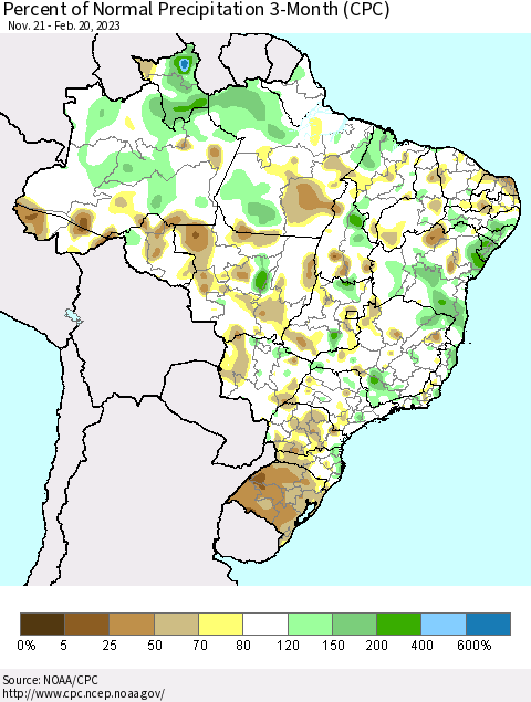 Brazil Percent of Normal Precipitation 3-Month (CPC) Thematic Map For 11/21/2022 - 2/20/2023