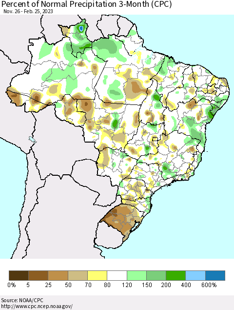 Brazil Percent of Normal Precipitation 3-Month (CPC) Thematic Map For 11/26/2022 - 2/25/2023