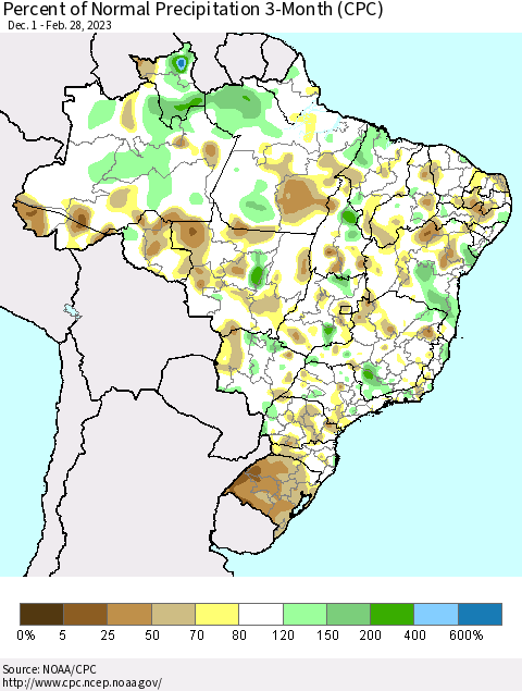 Brazil Percent of Normal Precipitation 3-Month (CPC) Thematic Map For 12/1/2022 - 2/28/2023