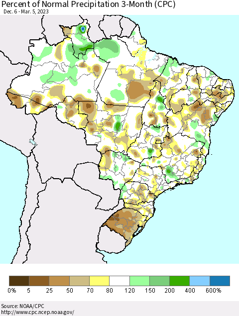 Brazil Percent of Normal Precipitation 3-Month (CPC) Thematic Map For 12/6/2022 - 3/5/2023