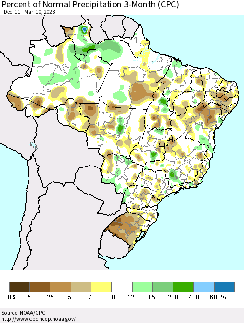 Brazil Percent of Normal Precipitation 3-Month (CPC) Thematic Map For 12/11/2022 - 3/10/2023