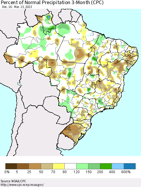 Brazil Percent of Normal Precipitation 3-Month (CPC) Thematic Map For 12/16/2022 - 3/15/2023