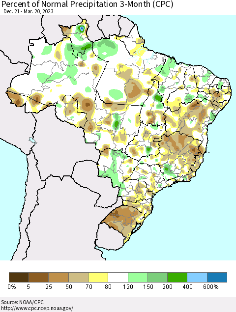 Brazil Percent of Normal Precipitation 3-Month (CPC) Thematic Map For 12/21/2022 - 3/20/2023