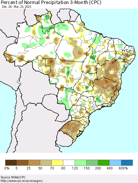 Brazil Percent of Normal Precipitation 3-Month (CPC) Thematic Map For 12/26/2022 - 3/25/2023