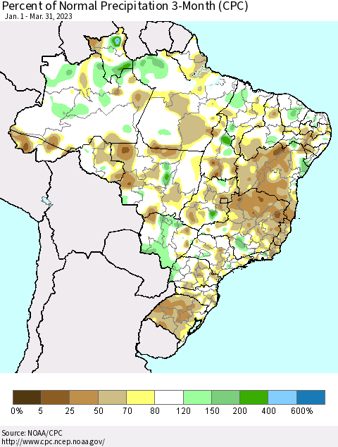 Brazil Percent of Normal Precipitation 3-Month (CPC) Thematic Map For 1/1/2023 - 3/31/2023