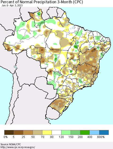 Brazil Percent of Normal Precipitation 3-Month (CPC) Thematic Map For 1/6/2023 - 4/5/2023