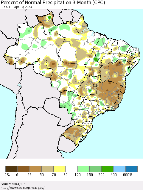 Brazil Percent of Normal Precipitation 3-Month (CPC) Thematic Map For 1/11/2023 - 4/10/2023