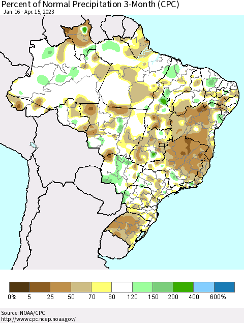 Brazil Percent of Normal Precipitation 3-Month (CPC) Thematic Map For 1/16/2023 - 4/15/2023