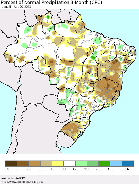 Brazil Percent of Normal Precipitation 3-Month (CPC) Thematic Map For 1/21/2023 - 4/20/2023