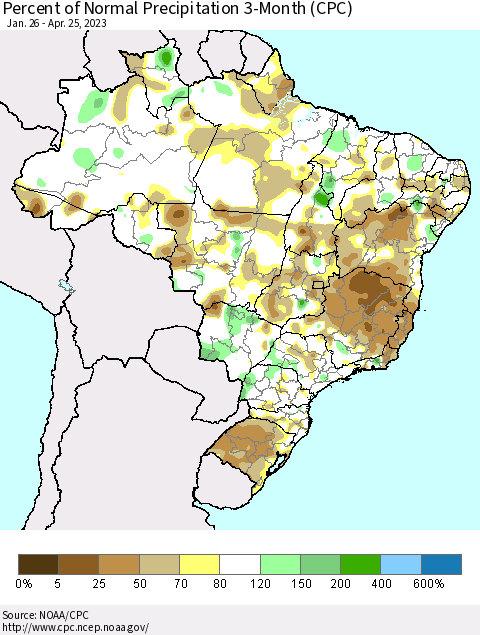 Brazil Percent of Normal Precipitation 3-Month (CPC) Thematic Map For 1/26/2023 - 4/25/2023