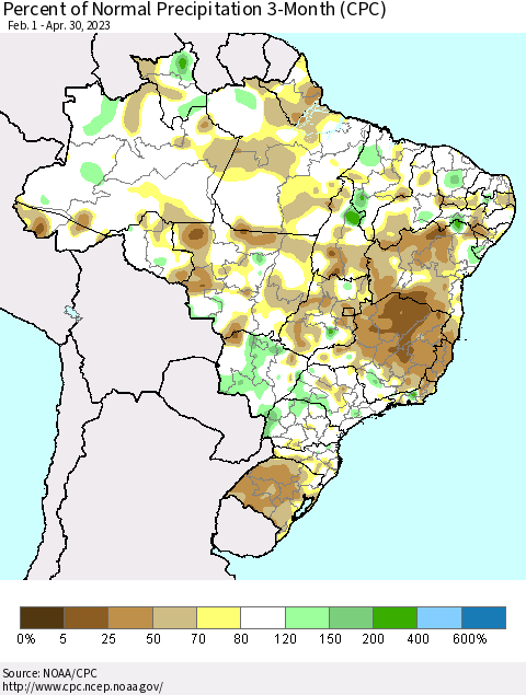 Brazil Percent of Normal Precipitation 3-Month (CPC) Thematic Map For 2/1/2023 - 4/30/2023