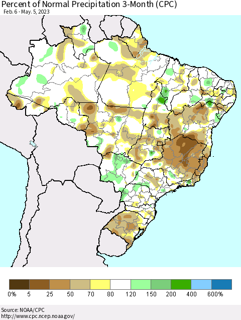 Brazil Percent of Normal Precipitation 3-Month (CPC) Thematic Map For 2/6/2023 - 5/5/2023