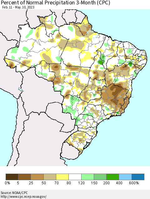 Brazil Percent of Normal Precipitation 3-Month (CPC) Thematic Map For 2/11/2023 - 5/10/2023