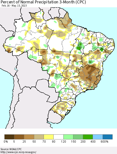 Brazil Percent of Normal Precipitation 3-Month (CPC) Thematic Map For 2/16/2023 - 5/15/2023