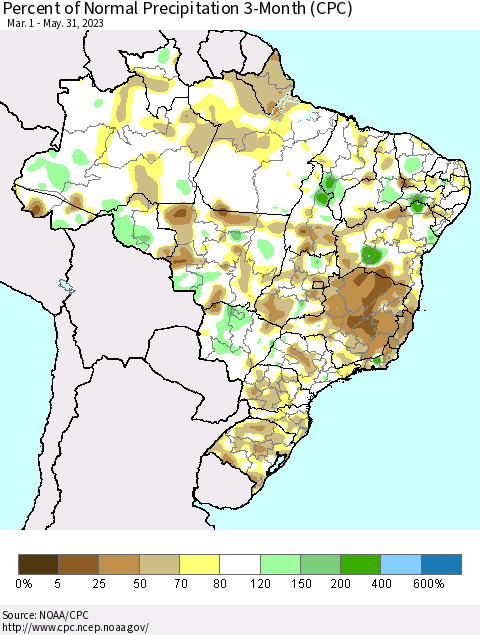 Brazil Percent of Normal Precipitation 3-Month (CPC) Thematic Map For 3/1/2023 - 5/31/2023