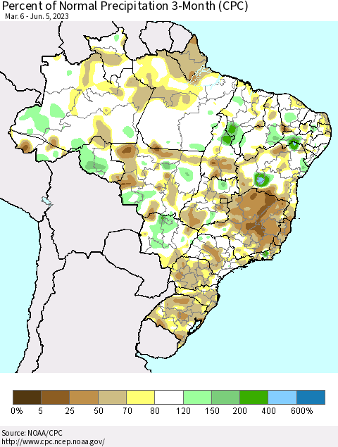 Brazil Percent of Normal Precipitation 3-Month (CPC) Thematic Map For 3/6/2023 - 6/5/2023