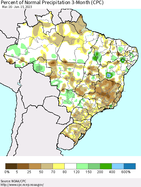 Brazil Percent of Normal Precipitation 3-Month (CPC) Thematic Map For 3/16/2023 - 6/15/2023