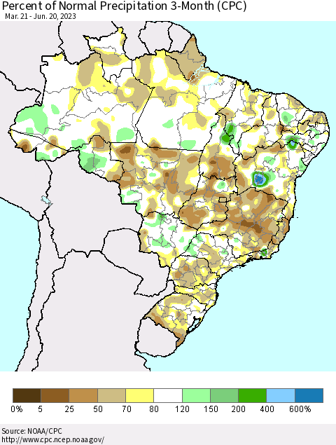 Brazil Percent of Normal Precipitation 3-Month (CPC) Thematic Map For 3/21/2023 - 6/20/2023
