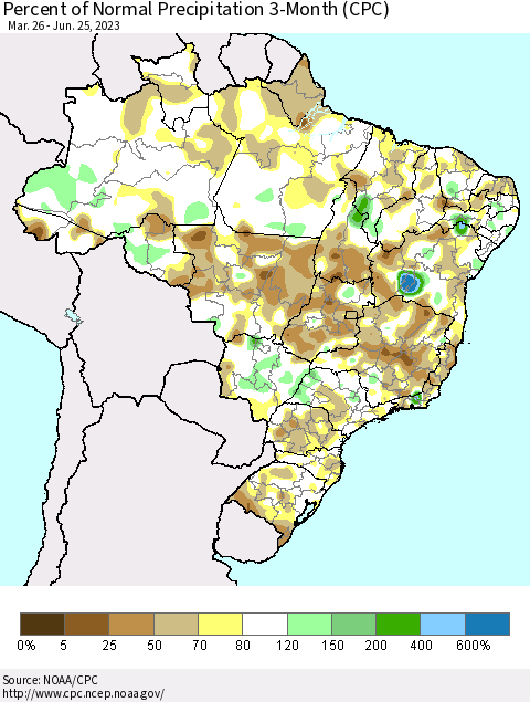 Brazil Percent of Normal Precipitation 3-Month (CPC) Thematic Map For 3/26/2023 - 6/25/2023