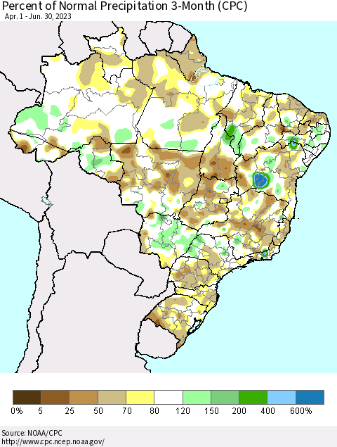 Brazil Percent of Normal Precipitation 3-Month (CPC) Thematic Map For 4/1/2023 - 6/30/2023