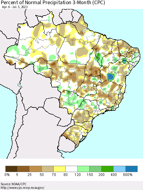 Brazil Percent of Normal Precipitation 3-Month (CPC) Thematic Map For 4/6/2023 - 7/5/2023