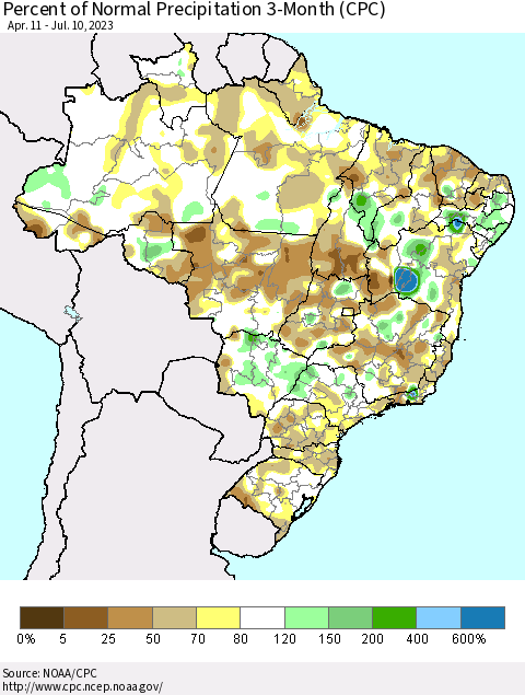 Brazil Percent of Normal Precipitation 3-Month (CPC) Thematic Map For 4/11/2023 - 7/10/2023