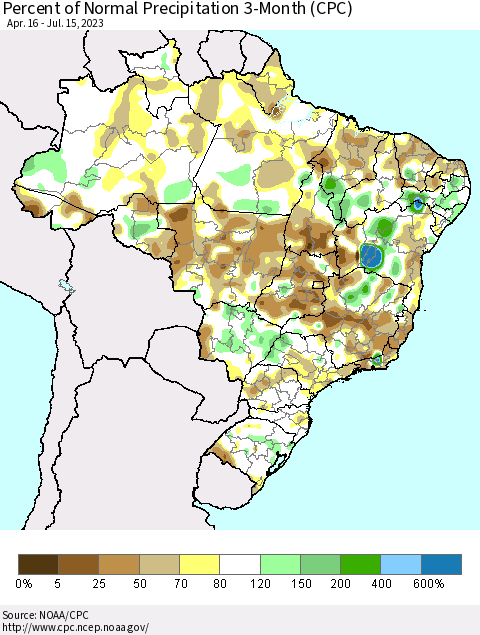 Brazil Percent of Normal Precipitation 3-Month (CPC) Thematic Map For 4/16/2023 - 7/15/2023