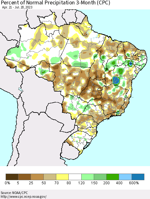 Brazil Percent of Normal Precipitation 3-Month (CPC) Thematic Map For 4/21/2023 - 7/20/2023