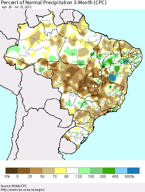 Brazil Percent of Normal Precipitation 3-Month (CPC) Thematic Map For 4/26/2023 - 7/25/2023