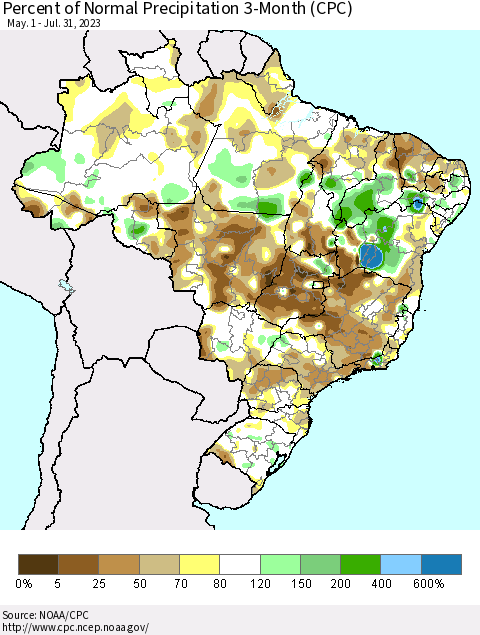 Brazil Percent of Normal Precipitation 3-Month (CPC) Thematic Map For 5/1/2023 - 7/31/2023