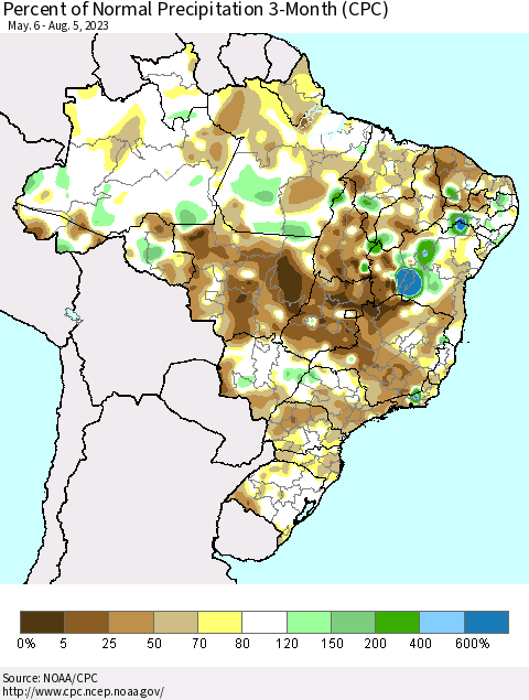 Brazil Percent of Normal Precipitation 3-Month (CPC) Thematic Map For 5/6/2023 - 8/5/2023