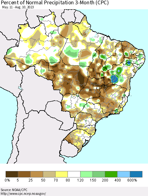 Brazil Percent of Normal Precipitation 3-Month (CPC) Thematic Map For 5/11/2023 - 8/10/2023