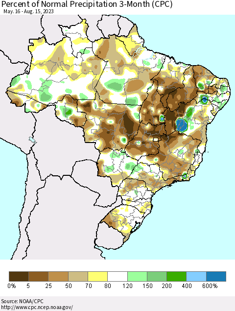 Brazil Percent of Normal Precipitation 3-Month (CPC) Thematic Map For 5/16/2023 - 8/15/2023