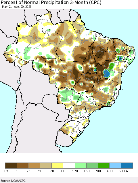 Brazil Percent of Normal Precipitation 3-Month (CPC) Thematic Map For 5/21/2023 - 8/20/2023