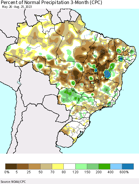 Brazil Percent of Normal Precipitation 3-Month (CPC) Thematic Map For 5/26/2023 - 8/25/2023