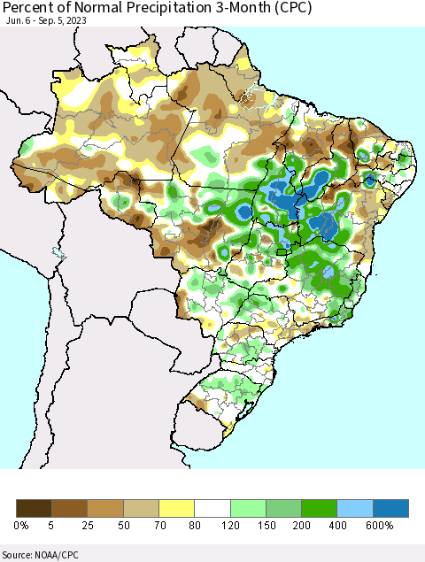 Brazil Percent of Normal Precipitation 3-Month (CPC) Thematic Map For 6/6/2023 - 9/5/2023