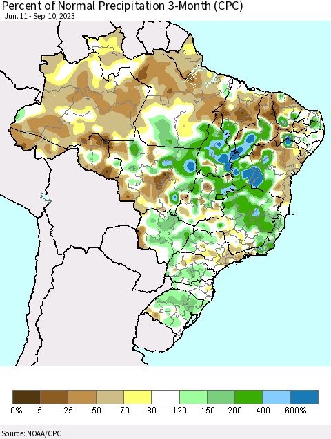 Brazil Percent of Normal Precipitation 3-Month (CPC) Thematic Map For 6/11/2023 - 9/10/2023