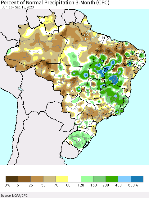 Brazil Percent of Normal Precipitation 3-Month (CPC) Thematic Map For 6/16/2023 - 9/15/2023