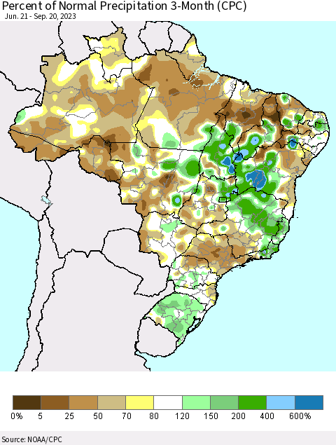 Brazil Percent of Normal Precipitation 3-Month (CPC) Thematic Map For 6/21/2023 - 9/20/2023