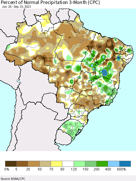 Brazil Percent of Normal Precipitation 3-Month (CPC) Thematic Map For 6/26/2023 - 9/25/2023