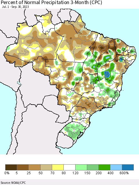 Brazil Percent of Normal Precipitation 3-Month (CPC) Thematic Map For 7/1/2023 - 9/30/2023