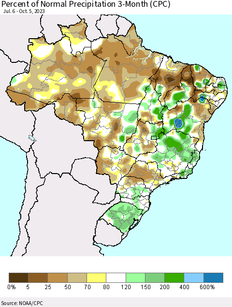 Brazil Percent of Normal Precipitation 3-Month (CPC) Thematic Map For 7/6/2023 - 10/5/2023