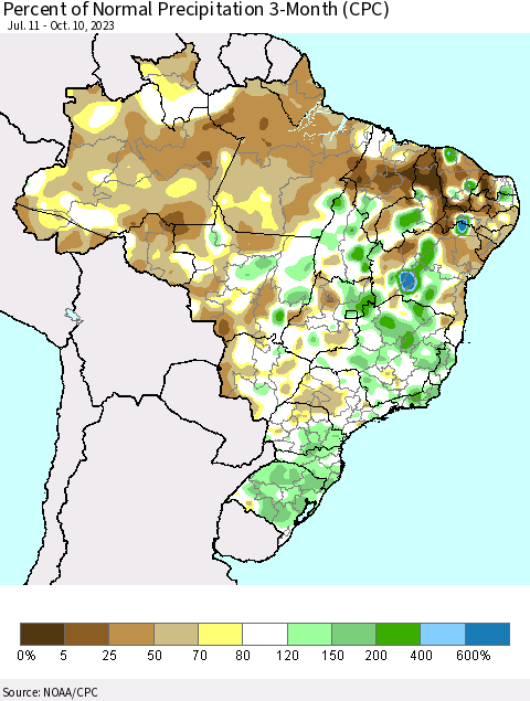 Brazil Percent of Normal Precipitation 3-Month (CPC) Thematic Map For 7/11/2023 - 10/10/2023