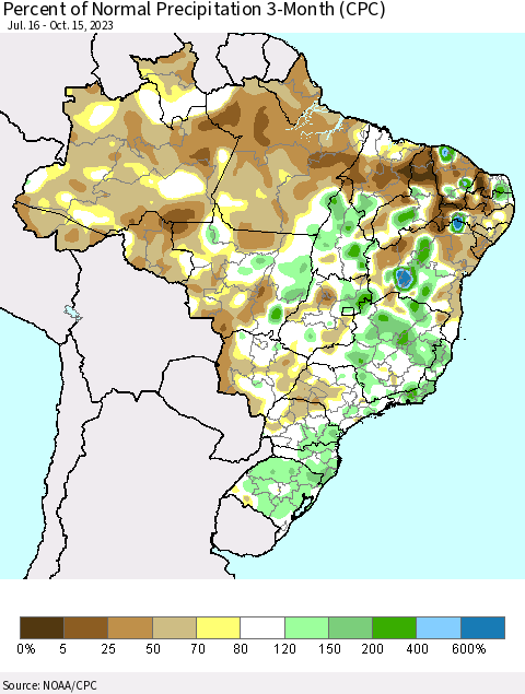 Brazil Percent of Normal Precipitation 3-Month (CPC) Thematic Map For 7/16/2023 - 10/15/2023